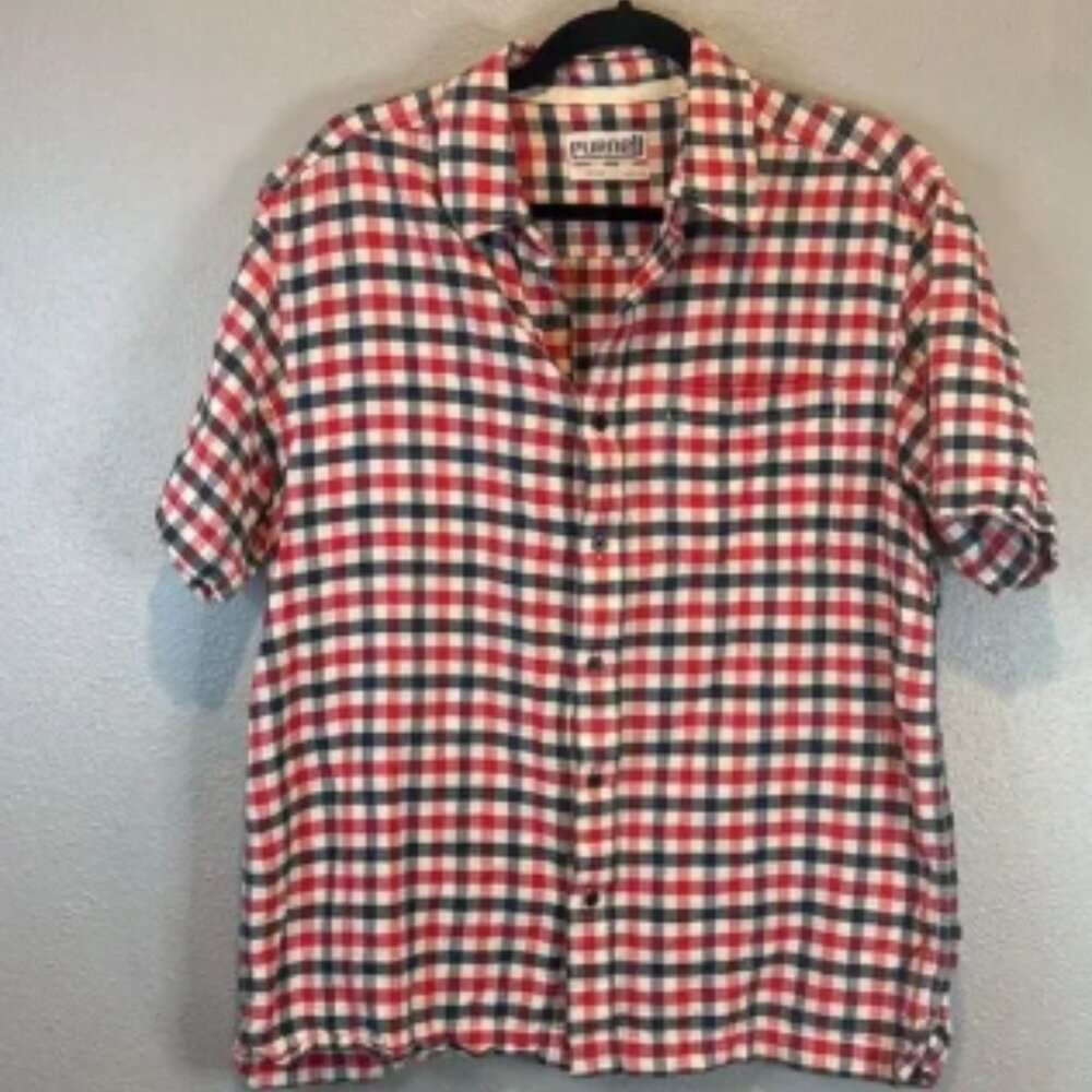 Purcell red navy blue plaid short sleeve button front shirt M